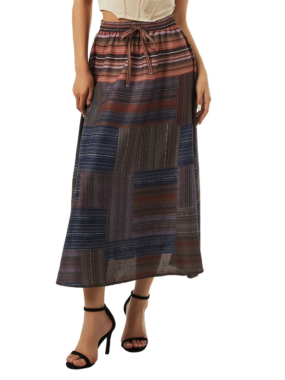 Zara Spring Summer Mulberry Silk Printed Flared Pleated Long Skirt